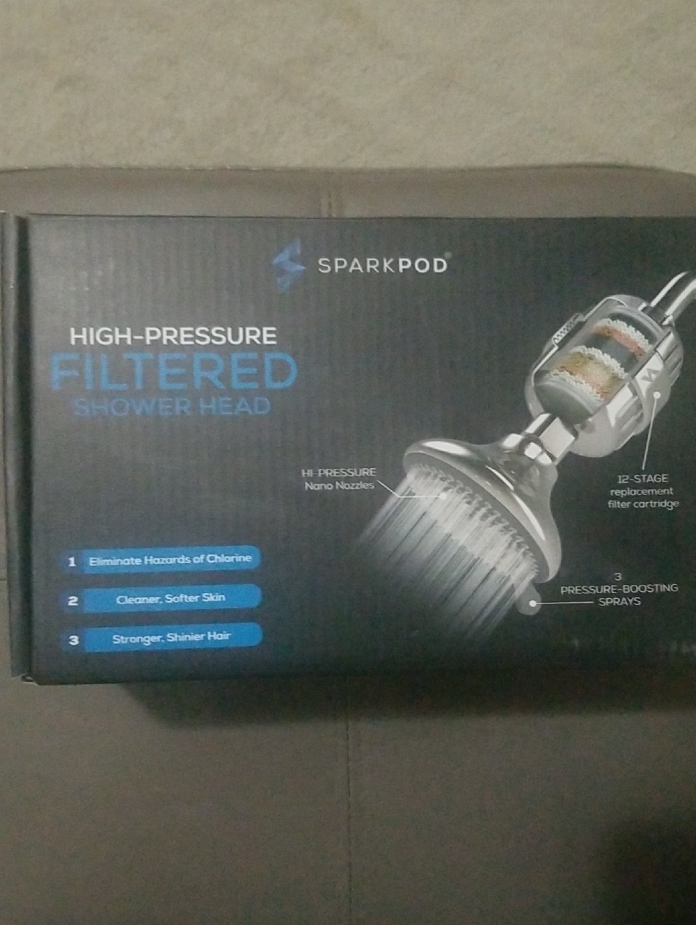 SparkPod High-Pressure Filtered Shower Head - Black Box with Blue Accents